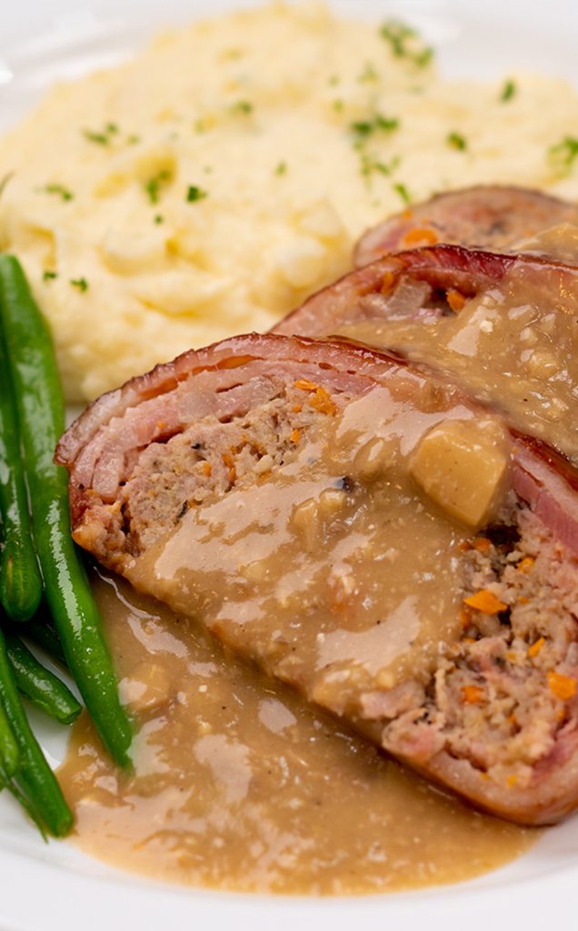 Bacon Wrapped Meatloaf with Chunky Gravy
