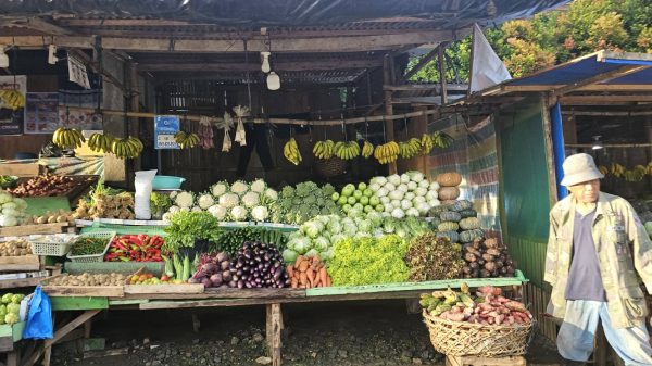 Alt text: A bustling sidewalk market in Mindanao, stalls brimming with fresh highland vegetables—evidence of local abundance and farming resilience.