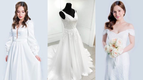 A row of elegant gowns on display at Gown Concept in Quezon City, ready for brides and debutantes looking for couture on a budget.