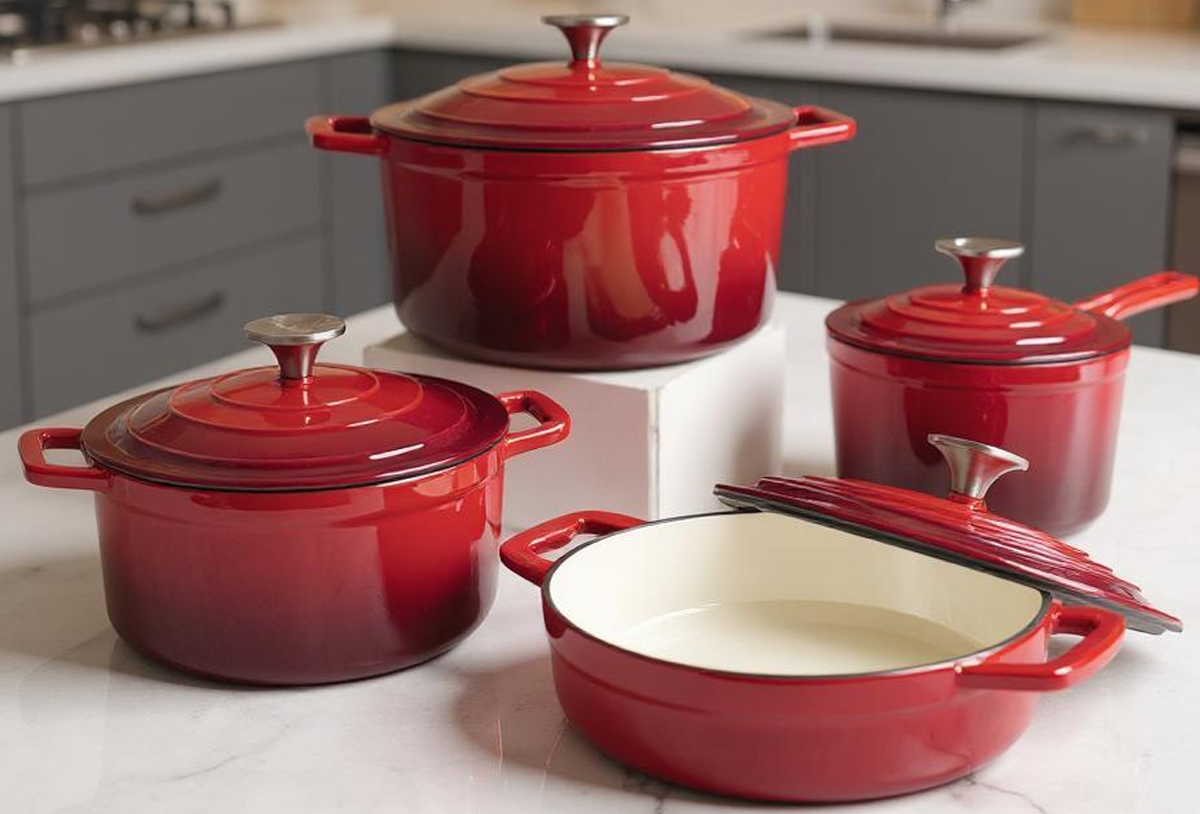 Masflex Artisan Series Dutch oven in red enamel, sitting on a wooden kitchen counter, ready for stovetop or oven use.