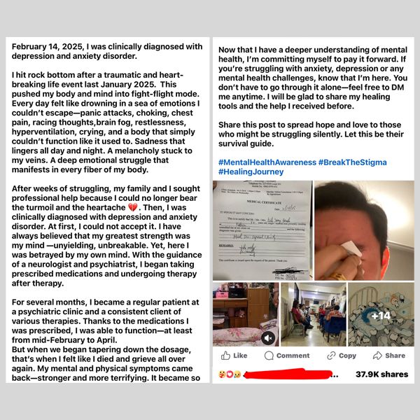  Screenshot of a Facebook post shared nearly 40,000 times. The text describes a man’s personal journey through depression and anxiety after a traumatic event, including his diagnosis, medication, relapse, and eventual healing through faith, therapy, and family support. The post ends with a message of hope and encouragement to others silently struggling.
