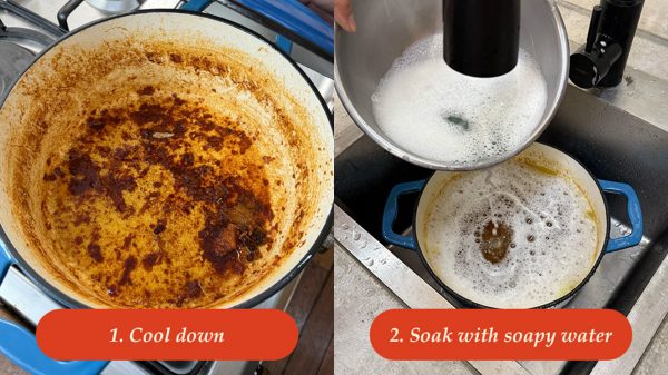  Cast iron Dutch oven cooling on a stovetop before soaking in warm soapy water for cleaning