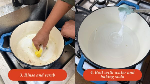  Cleaning the inside of a cast iron Dutch oven with a soft sponge to preserve enamel coating