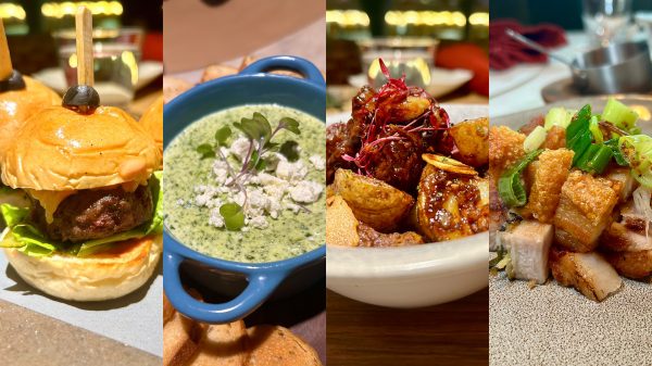 Food collage showing signature dishes from Fable including Lechon Loco, lamb kofta, and spinach dip.