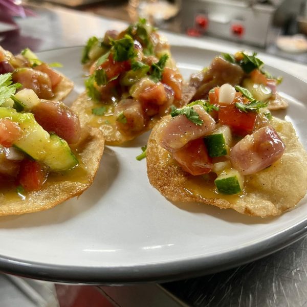 Tuna ceviche tostadas from Papi Oli Katipunan tacos, topped with mango and green chili—refreshing, citrusy, and texturally crisp.