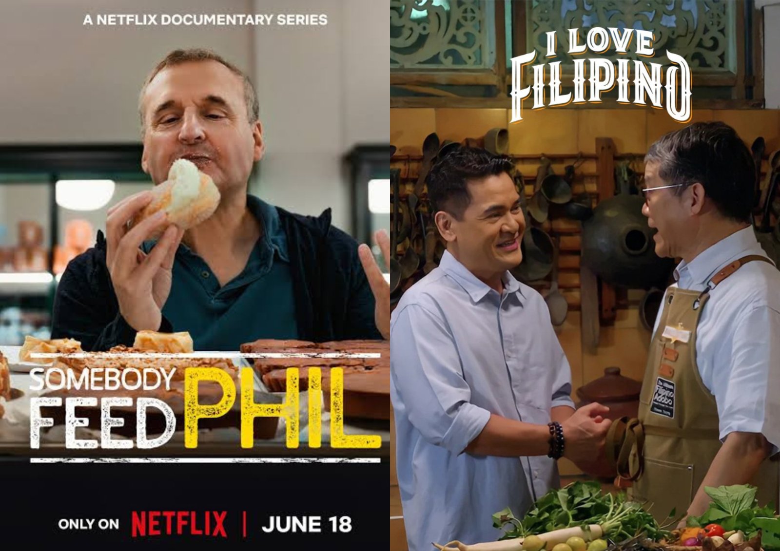 Show posters of Somebody Feed Phil Manila episode and I Love Filipino placed side by side, illustrating two different approaches to Filipino food storytelling—one emotional and personal, the other structured and curated.