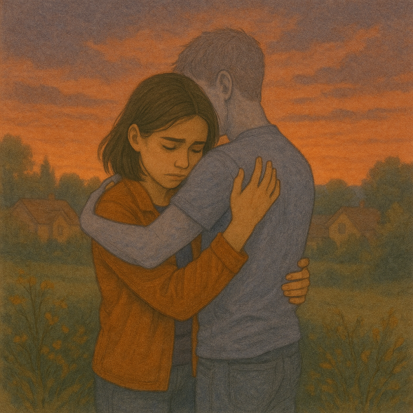  Tender watercolor scene from TOTGA one that got away, showing a couple’s final embrace as the man begins to fade from view. The one that Got Away.
