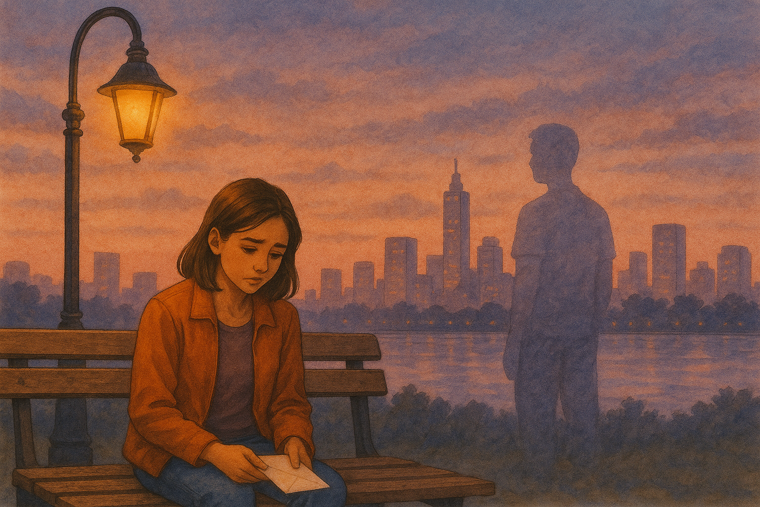 Watercolor landscape of a woman sitting alone on a park bench under a streetlamp at sunset, with a translucent male figure fading into the city skyline—symbolizing “the one that got away.”
