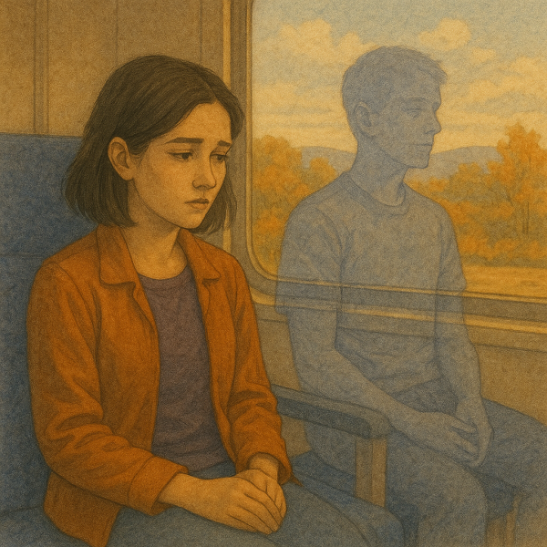  A quiet watercolor moment from TOTGA one that got away, depicting a woman riding a train beside the ghostly image of the man she once loved.