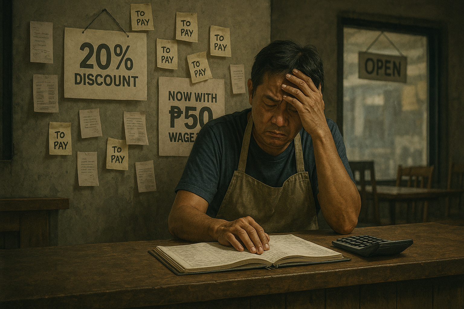 “Filipino small business owner behind a counter, surrounded by signs of financial stress—symbolizing the challenges MSMEs in the Philippines face under new policies.”