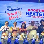 Jeremy Ngo, Peggy Nograles, Christina Garcia Frasco, Arjun Shroff, and Alvin Miranda take center stage during the ceremonial tree planting to open the 36th Philippine Travel Mart 2025 at SMX Manila.