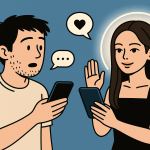 Illustration of a young man in casual clothes holding his phone, speaking to a glowing AI avatar of a woman who smiles and raises her hand. Speech bubbles show agreement and praise, symbolizing the AI friends problem of endless affirmation.