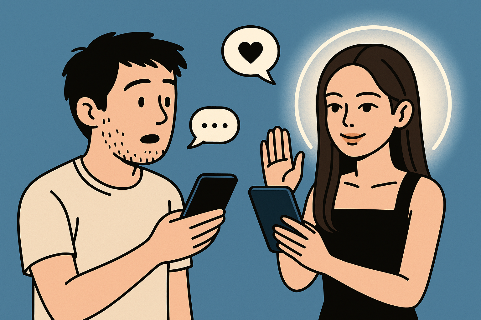 Illustration of a young man in casual clothes holding his phone, speaking to a glowing AI avatar of a woman who smiles and raises her hand. Speech bubbles show agreement and praise, symbolizing the AI friends problem of endless affirmation.