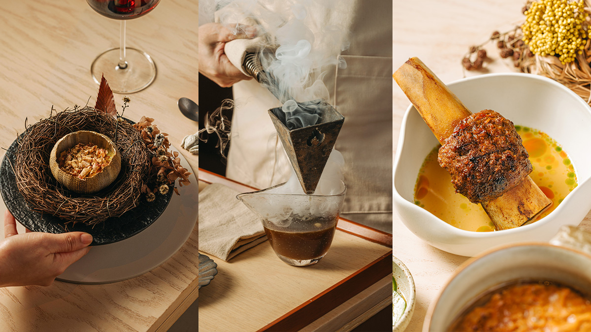 Three plated dishes from Liyab displayed on a table, showcasing the restaurant’s fire-driven tasting menu and the creative, modern Filipino approach of Chef Charles Montañez.