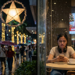 Woman alone in a café during Christmas season in the Philippines, surrounded by decorations, reflecting the theme Christmas depression in Philippines.
