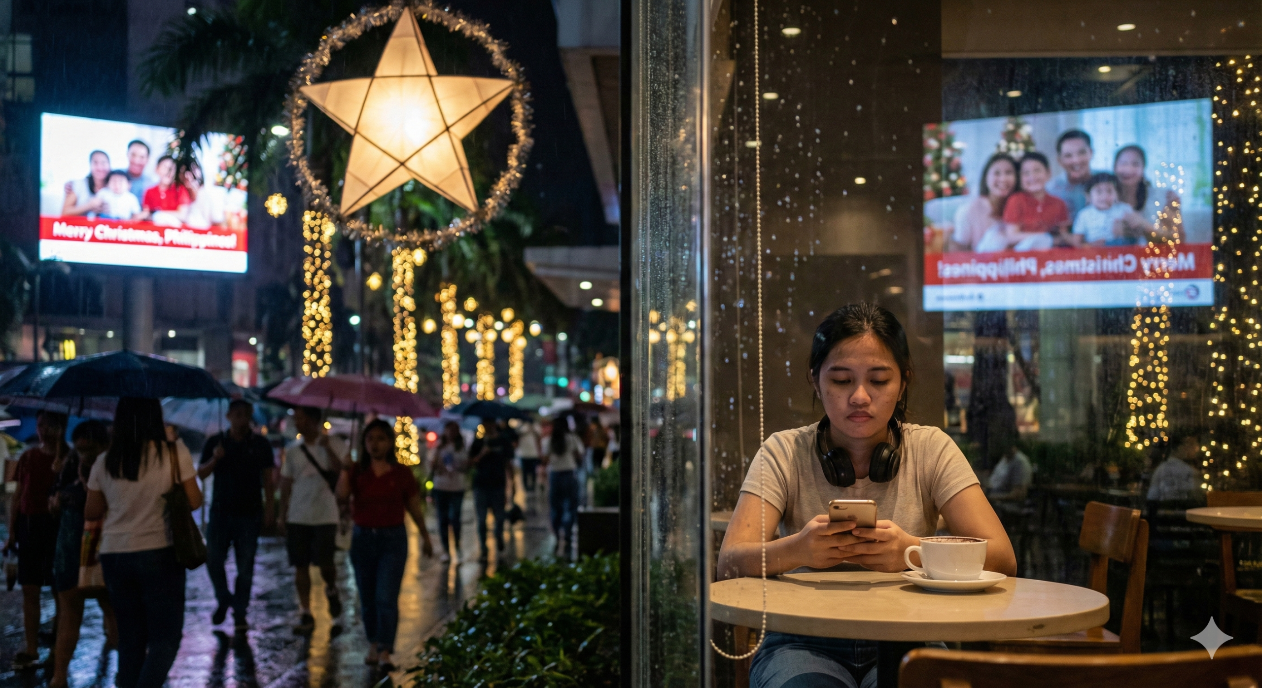 Woman alone in a café during Christmas season in the Philippines, surrounded by decorations, reflecting the theme Christmas depression in Philippines.