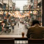 Christmas mental health Philippines: a Filipino sitting alone in a café during the holiday season